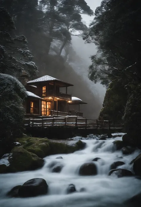 uma pousada na montanha, realista, entrada da pousada, pousada bonita, pousada de madeira, quarto da pousada, neve, nevando