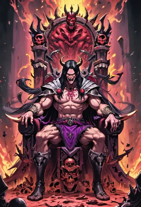 Tall powerful man, sitting on a golden throne surrounded by corpses and skulls, throne is inside a bloody red and black forest of death and destruction, long black hair with purple highlights, long demonic horns, covered in tattoos and war markings, covere...