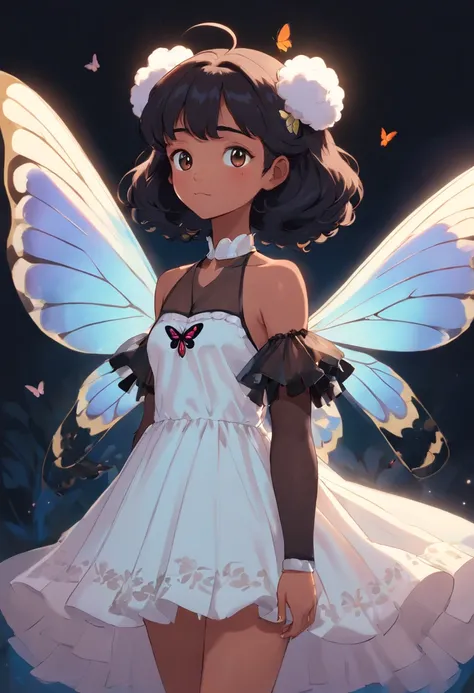 Menina preta em um vestido da princesa. The top is a halter with black mesh sleeves. The background is butterfly wings with a puffy white coat. The hair is in afro puffs and has butterfly on them.