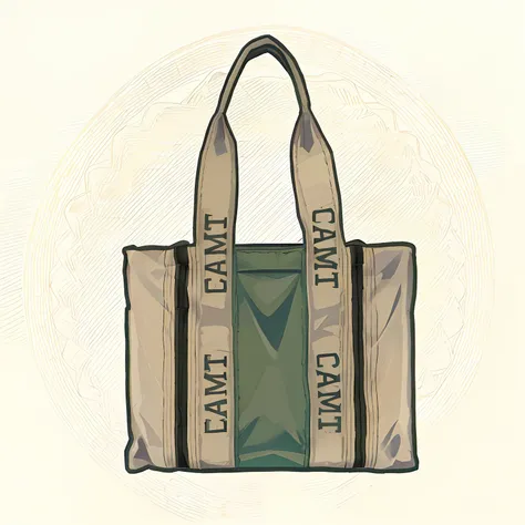 a cartoon drawing of a bag with the words CAMT, bags, handbag,ECO bag, made with illustrator, camel, full lenght view, set against a white background, by Carlo Martini, by Caro Niederer, inspired by Gianfredo Camesi, a wide full shot, front facing shot