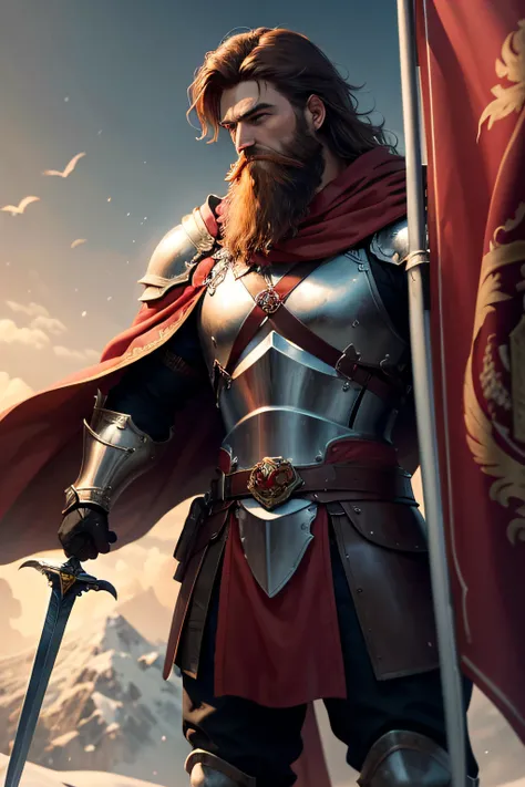 1 man, leader of the proletariat, heavy knight armor, red cape, medium-short brown hair and long beard, revolution, inspiring, red and gold banner, heroic, snow, holding a large sword