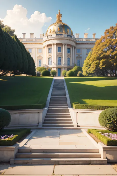 Beige neoclassical mansion, vista frontal com jardim ao estilo de versailles, com colunas na entrada prinpipal, big city scenery