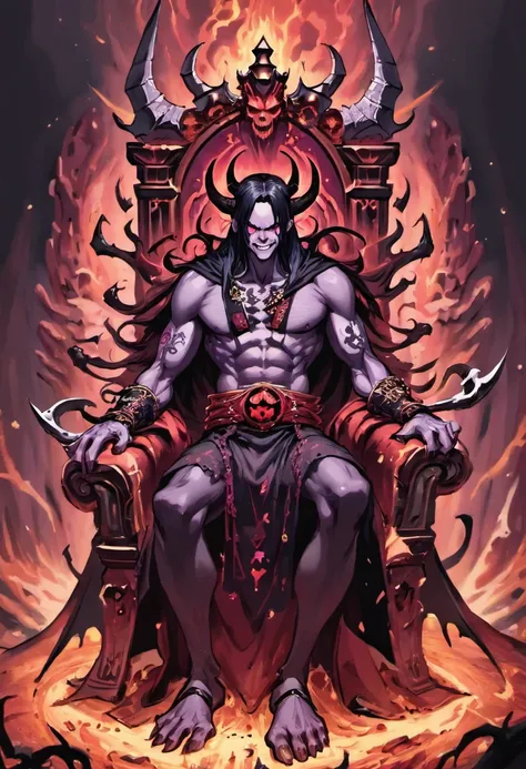 Tall powerful man, sitting on a golden throne surrounded by corpses and skulls, throne is inside a bloody red and black forest of death and destruction, long black hair with purple highlights, long demonic horns, covered in tattoos and war markings, covere...