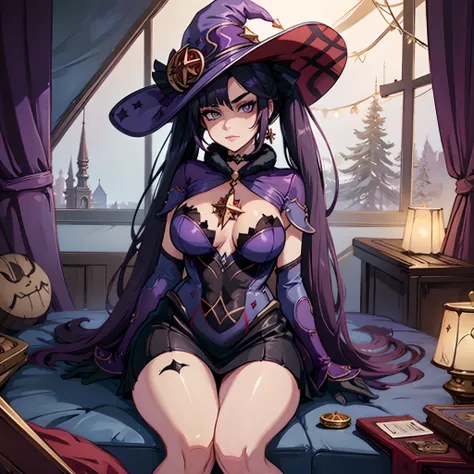 female with dark purple hair, silver eyes, large breasts, cleavage, wearing sexy purple dress, sexual pose, wearing witches hat