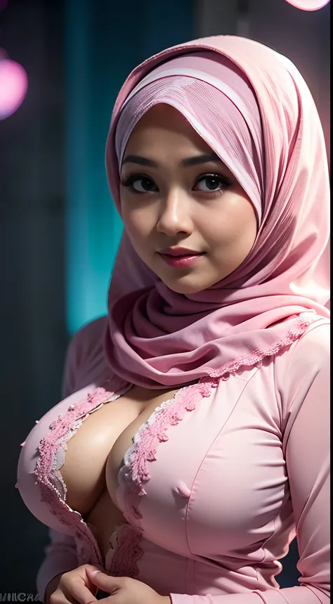 1 malay girl, modern plain hijab, shy, medium portrait, watery eyes, pink glowing particles, wearing pastel pink kebaya, ((big breasts)), pink light bokeh background, well-proportioned body,