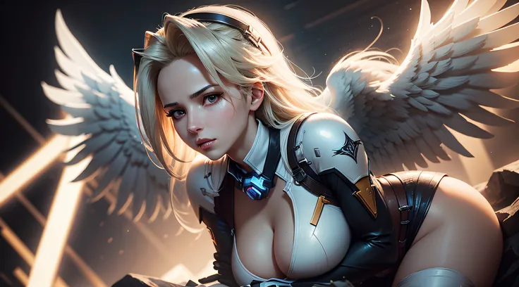 Mercy from Overwatch with angel wings, the lighting and background is bright realistic style, with high attention to detail and sharp focus. The colors are vivid and contrasted, with a slight desaturation. The lighting is dramatic, with shadows and highlig...