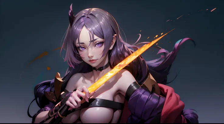 hmmr1, minamoto no raikou (fate), (dark-purple hair, long hair:1.7), purple eyes, 1girl, solo, looking_at_viewer, breasts, upper_body, open_clothes, medium_breasts, glowing, sleeveless, scarf, bare_shoulders, hood, collarbone, glow effects, godrays, Hand d...