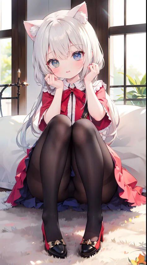 Wear beautiful clothes（Pure red Lolita skirt），Heteropupil，Heterochromia，The little girl was cute，cat ear，coda，Tied with a ball head，hair tying up，（mitts），lacepantyhose，red high heel pumps，dynamicposes，photographed，Pose，Sit Pose，Full body photo