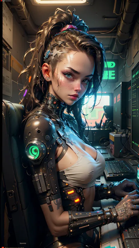 ((Best Quality)), ((Masterpiece)), (Very detailed:1.3), 3D, Beautiful (Cyberpunk:1.3) Female hacker, thick hair, exposed breasts, no bra, no top, topless, operating computer terminals, computer servers, LCD screens, fiber optic cables, corporate logos, HDR...