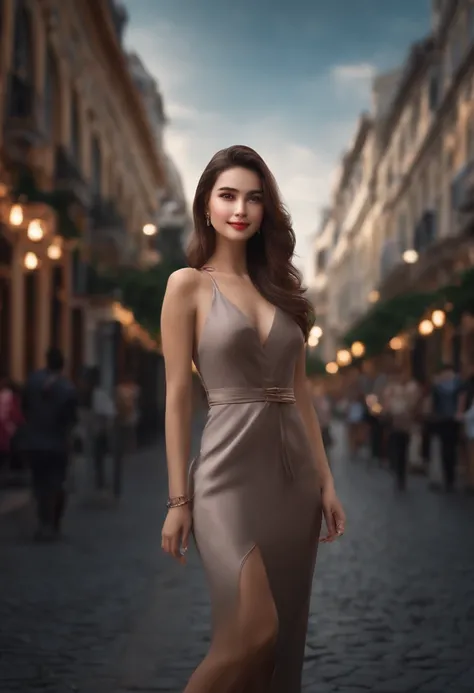 ((Best quality, 8k, Masterpiece :1.3)), 1girl, smiling, full body, slim face, Pretty woman, (Dark brown hair), full length dress :1.1, Ultra-detailed face, Detailed eyes, Double eyelid,  blur background, slim face, city, outside, street,