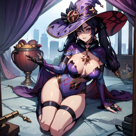 Female with dark purple hair, silver eyes, large breasts, cleavage, wearing sexy purple dress, sexual pose, wearing witches hat