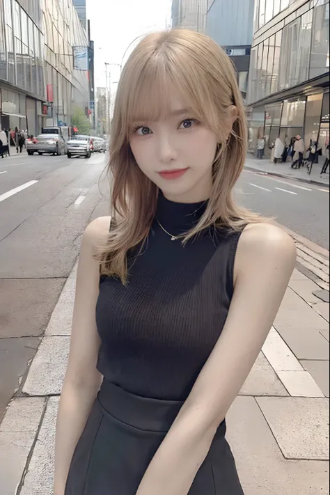 (Best Quality, masutepiece, Ultra HD: 1.3),（Realistic）,Hyper-Realism,blondehair,Shortcut Hair,eye make up：０.5,Pure bangs,hide ones hands,Black tight skirt,Black tops,Delicate lips,(beautidful eyes),(slender figures）,thin blush,View here,in the city street,...