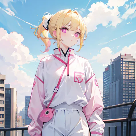 Light yellow hair，Ponytail hairstyle，Pink eyes，Pink pupils，teens girl，White long sleeves，long trousers，Background city，with blue sky and white clouds