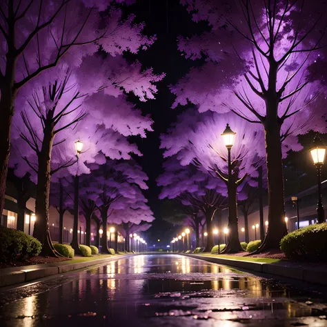 Jacaranda trees under post light on a park at rainy night