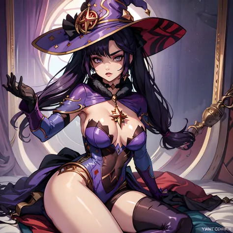 Female with dark purple hair, silver eyes, large breasts, cleavage, wearing sexy purple dress, sexual pose, wearing witches hat