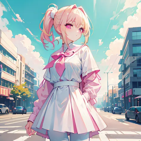 Light yellow hair，Double ponytail hairstyle，Pink eyes，Pink pupils，teens girl，White silk pantyhose，Background city，with blue sky and white clouds