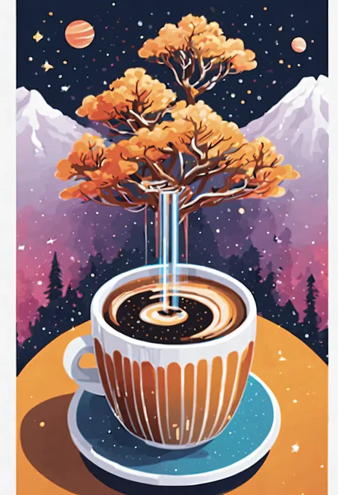 very details galaxy inside a cup of coffee, white background, T-shirt design, streetwear design, pro vector, full design, 6 colors only, solid colors, no shadows, full design, warm colors, plants, isometric pendleton patterns, sticker, bright colors