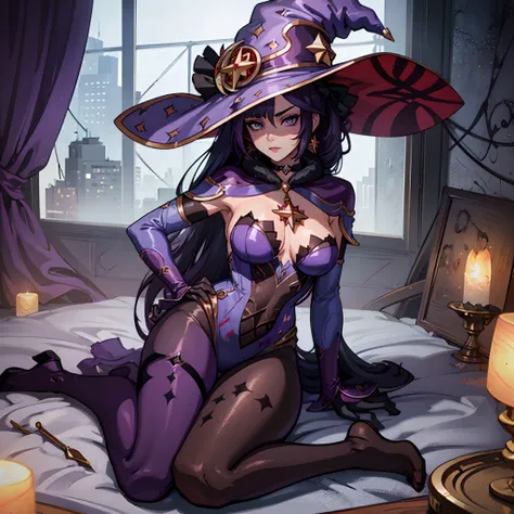 Female with dark purple hair, silver eyes, large breasts, cleavage, wearing sexy purple dress, sexual pose, wearing witches hat