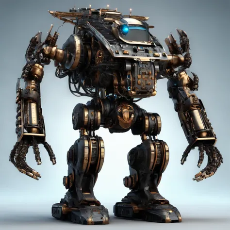 mech, steampunk, has heavy weapons mounted on its back, humanoid