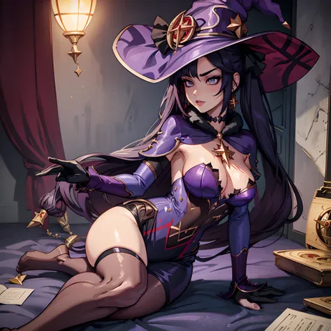 Female with dark purple hair, silver eyes, large breasts, cleavage, wearing sexy purple dress, sexual pose, wearing witches hat