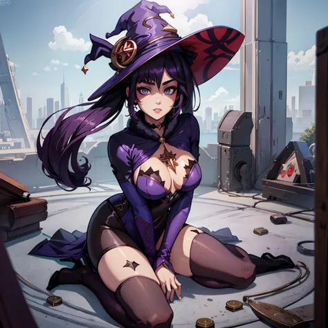 Female with dark purple hair, silver eyes, large breasts, cleavage, wearing sexy purple dress, sexual pose, wearing witches hat