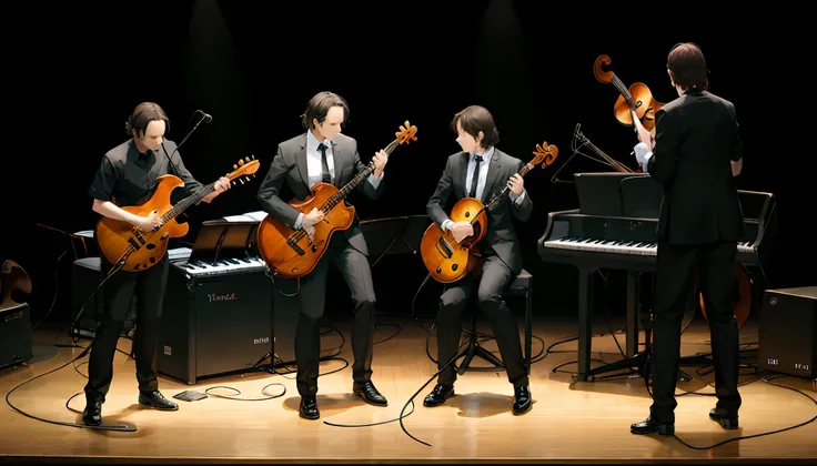 Four abstract shaped, jazz musicians, playing instruments with movement