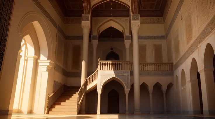 interior view of a mansion in 16th century Arabia, either Basra or Ormuz, very luxurious, building structure like a harem or mosque, building structure with elements of a turkish harem or mosque, orientalism, inside a mansion, interior, rich, grand, stairs...