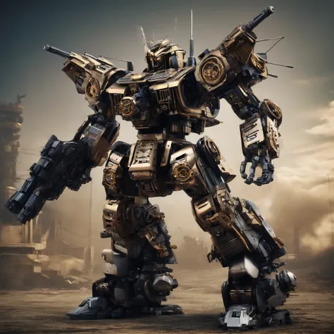 gundam, steampunk, has heavy weapons mounted on its back, humanoid