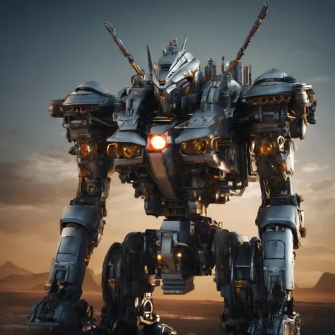 gundam, steampunk, has heavy weapons mounted on its back, humanoid