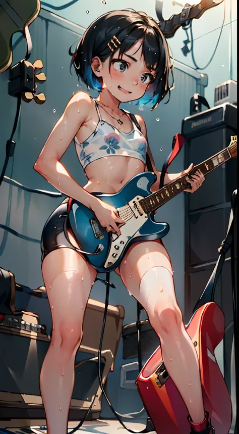 masterpiece, best quality, ultra-detailed, illustration, an extremely delicate and beautiful,high resolution, ultra-detailed,,perfect face,slender perfect body, Tight belly,Toned buttocks,Constricted waist,,(1 girl to band,guitar:1.7), 15yo,(1girl to color...