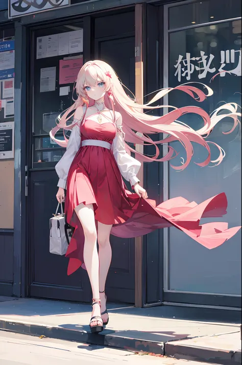 Create a stunning anime girl with long flowing hair, wearing an elegant dress, wearing a travel bag, walking,