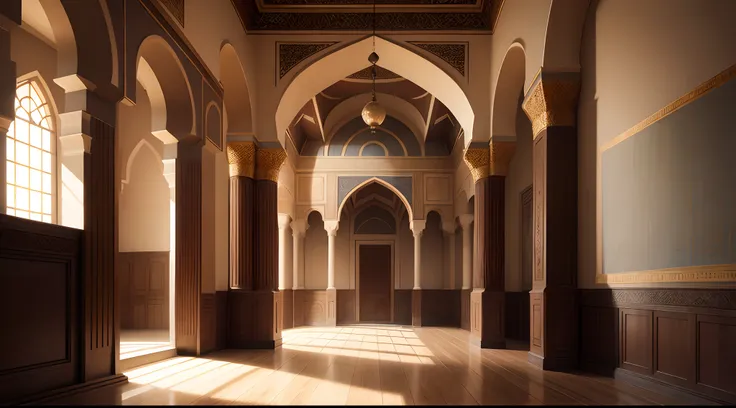 interior view of a mansion in 16th century Arabia, either Basra or Ormuz, very luxurious, building structure like a harem or mosque, building structure with elements of a turkish harem or mosque, orientalism, inside a mansion, interior, rich, grand, stairs...