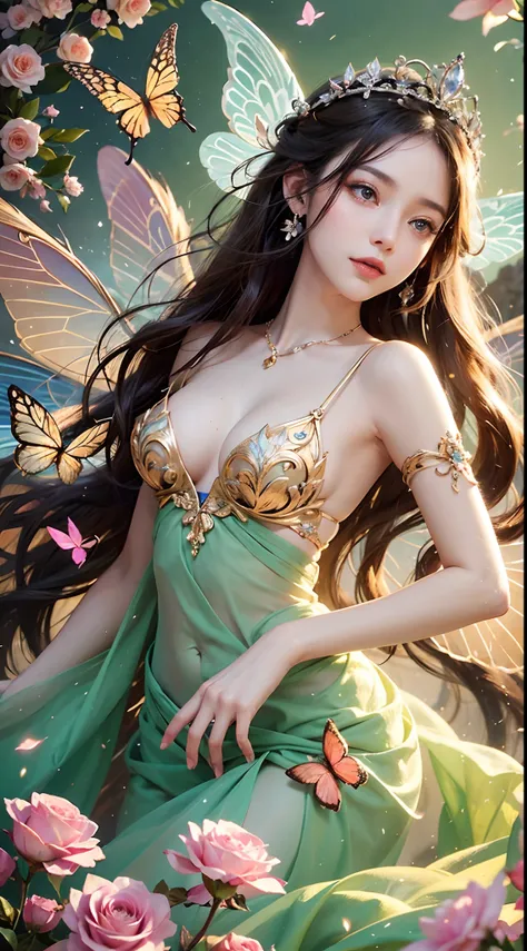 beautiful detailed eyes,long eyelashes,long hair,rose garden,happy expression,colorful flowers,soft sunlight,dancing butterflies,fairy wings,flowing dress,sparkling tiara,painting-like,ethereal atmosphere,vibrant colors,golden hour lighting,tranquil backgr...