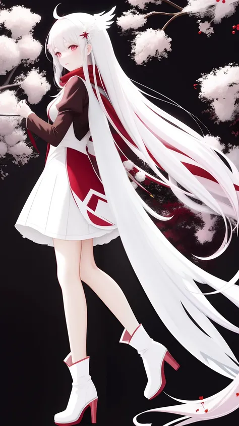 Anime game Arcane Gardens of the Great White Empire - Crazy fairy, snow white skin, long hair with straight locks, ash hair, pink empty eyes, white feather wings folded down, long white and ash scarf, white and ash dress with a short skirt, scarlet pattern...