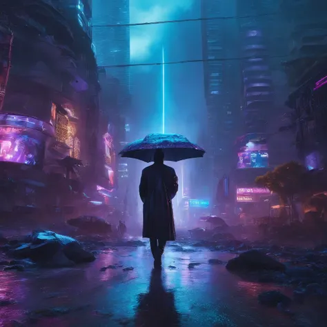 mundo cyberpunk，futuristico, apocalipse, chuva, melancolico, tons de azul e roxo, mundo destruido e tecnologico, predios