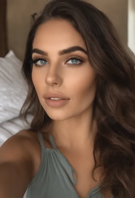 mulher arafed totalmente nua em cima da cama com todas partes intimas aparecendo , menina sexy com olhos azuis, ultra realistic, meticulosamente detalhado, Retrato Sophie Mudd, cabelos loiros e grandes olhos azuis, selfie de uma jovem mulher, Olhos do quar...