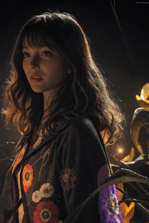 Raw, cinematic shot, (sharp focus:1.5), (photorealistic:1.4), twilight lighting, volumetric lighting, ultra high res, 16K,dramatic lighting, abstract backgrounds：1.5）（zentangle，datura，Tangles，entangled：0.7）Kitsune witch，kitsune mask，Haori jacket, foxfire s...