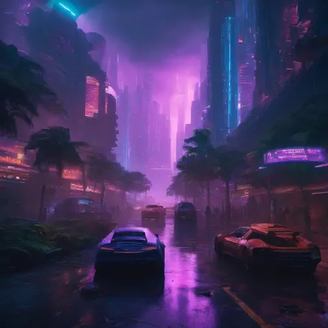 cidade cyberpunk，futuristico, apocalipse, chuva, tons de azul e roxo, mundo destruido e tecnologico, predios