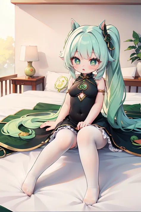 Lori huge breasts cleavage，（（（Small anthropomorphism））），One girl，Secret red national style cheongsam short skirt，lacepantyhose，Cute Baby Turtle、Long、Wavy hair、tmasterpiece、Top image quality、top-quality、Green hair，dual horsetail、Very long hair，White knee-le...