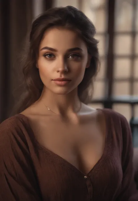 arafed woman fully , hispanic, sexy girl with brown eyes, ultra realistic, meticulously detailed, portrait sophie mudd, brunette hair and large eyes, selfie of a young woman, bedroom eyes, violet myers, without makeup, natural makeup, looking directly at t...