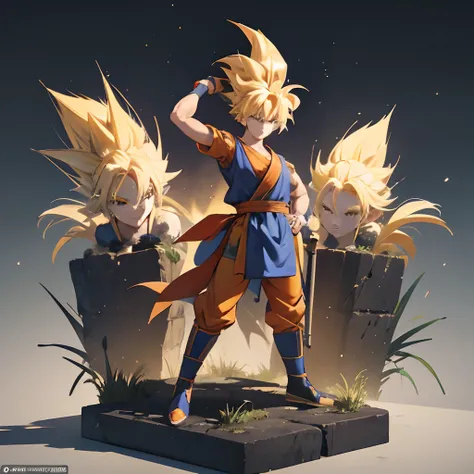 Goku, super saiyan, cheveux exquis, Representation of the arms, corps de cheveux blancs et bleus, chaussures exquises, Representation of the eyes, cheveux exquis, Popmart Blind Box, Clay texture, marcher sur le terrain, fond noir et blanc, natural lighting...