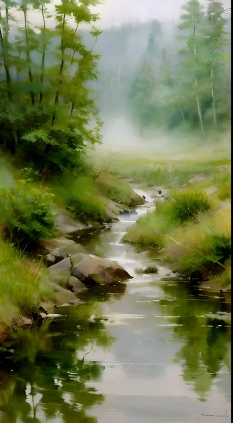 (Watercolor in Sargent style)、(top-quality、​masterpiece)、Soft light、Bourton-on-the-Water painted on a foggy morning、riverscape、、Create an ethereal scene in a calm morning misty meadow。Draw delicate and blurry brushwork、Capture the elusive nature of fog、Enh...