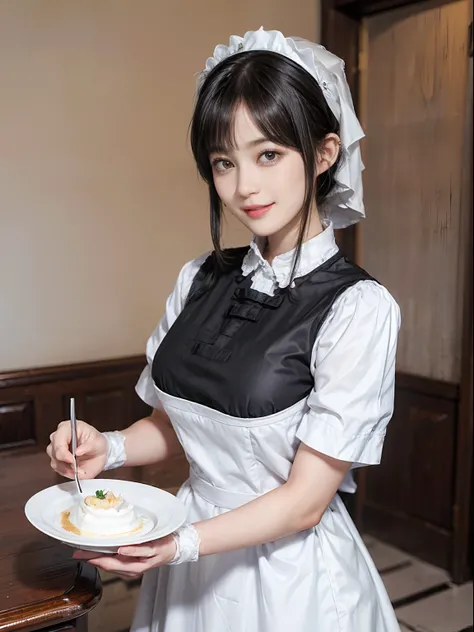 01
(Black Shorthair:1.3), (a 20 yo woman), (A hyper-realistic), (masutepiece), (8KUHD), Beautiful woman, A smile, (Wearing white maid clothes:1.3), Breast, Standing at a maid café