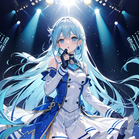 Cold girl White pupils Aqua blue hair Long hair Cold expression ，idol clothe the singing suit，Background stage，Performance stage background