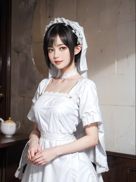 01
(Black Shorthair:1.3), (a 20 yo woman), (A hyper-realistic), (masutepiece), (8KUHD), Beautiful woman, A smile, (Wearing white maid clothes:1.3), Breast, Standing at a maid café