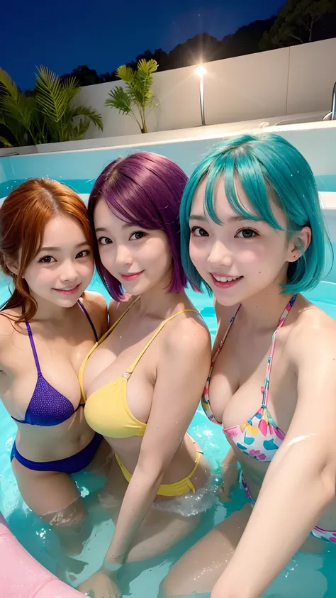 Three cute girls in swimsuits frolicking in a bubble bath on the rooftop at night　Colorful Hair Color　Colossal tits　A sexy　Obscene　distant background　Colorful micro bikini　a large amount of foam　a picture　realisitic　gravure　Camera position at close range　A...