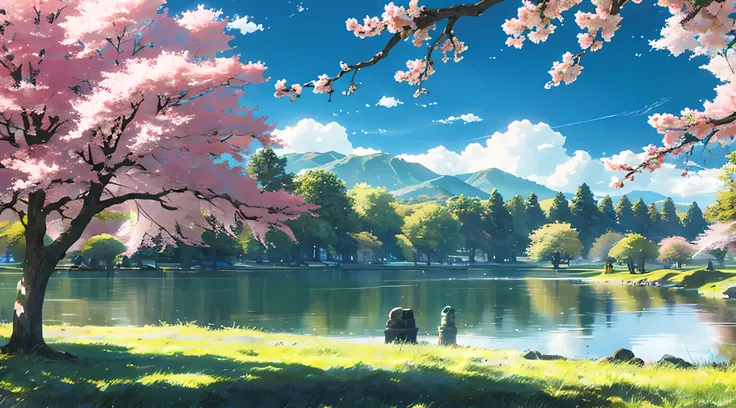 sky, large grassland, moving visuals, Colorful natural light, Lake, cherry blossom, Clouds, statues