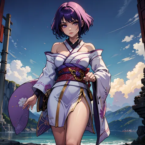 female with short purple hair wearing kimono