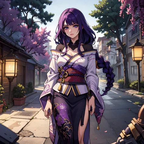 female with very long purple hair wearing kimono