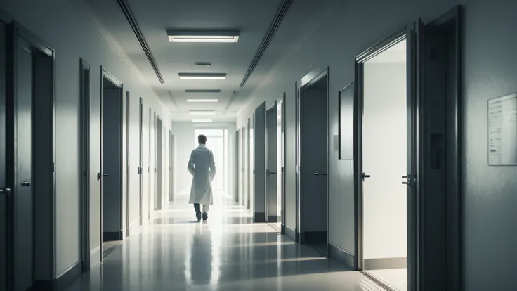 extremely detailed, best quality, internal area of ​​a hospital, hospital corridor, Dark, doctor entering a room in the distance, 8k, realistic, Night, doctor in white coat, dark environment